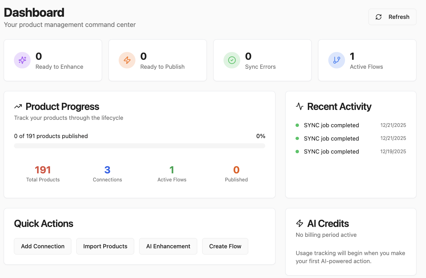 OmniFIRE Dashboard showing product management, connectors, and automated flows